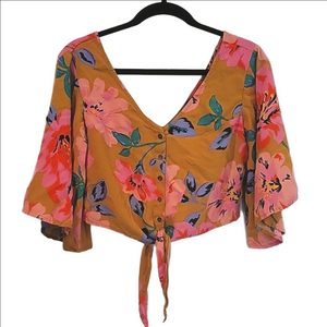 Billabong Floral tie & button front crop top Boho sleeves size Medium
